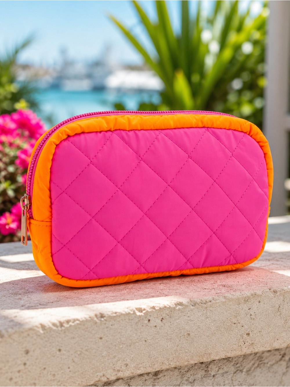 HAUTE SHORE Charli Extra Quilted Puffer Cosmetic Bag Pink Orange NWT Travel
